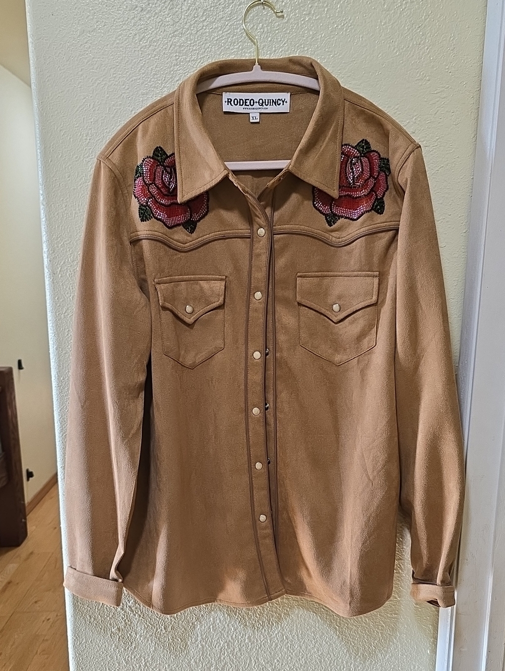 Rodeo Quincy Kaycee Wyoming Western Shirt with Rose Embroidery- Tan